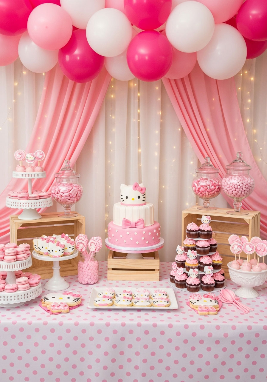 Hello Kitty themed dessert table with three-tier birthday cake, pink macarons, cupcakes, candy jars, and balloon garland backdrop for party celebration
