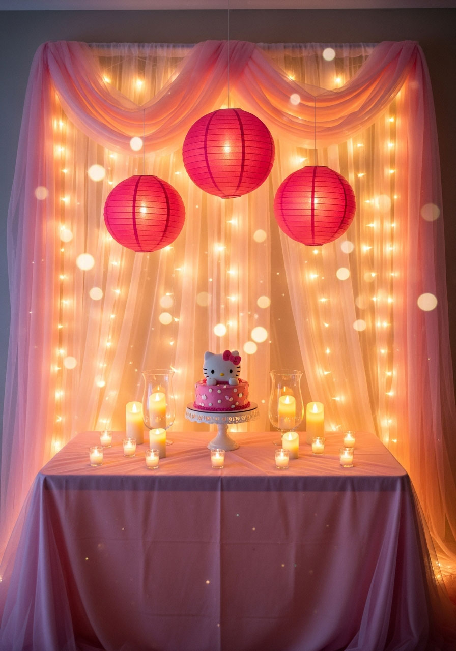 Hello Kitty party dessert table with fairy lights woven through pink tulle backdrop, hanging paper lanterns, and LED candles creating magical evening ambiance