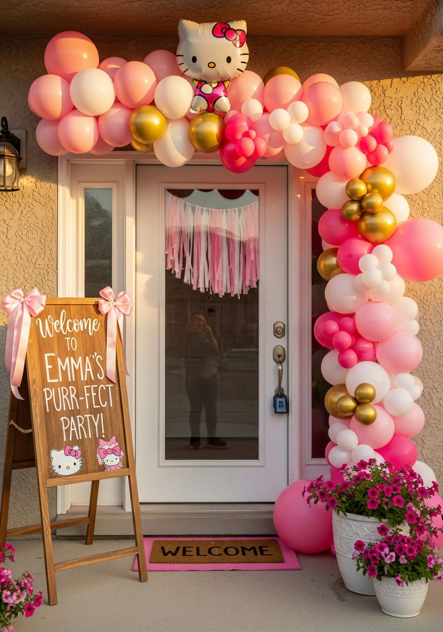 Hello Kitty birthday party entrance with pink and white balloon arch framing front door, welcome sign on easel, and foil Hello Kitty balloon