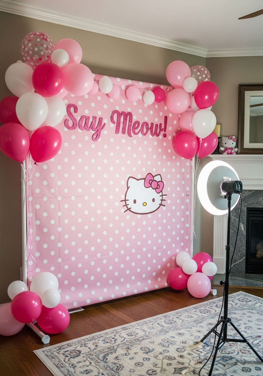 Hello Kitty photo booth setup with polka dot backdrop, balloon decorations, Kitty ear headbands, bow props, and children posing for birthday party photos