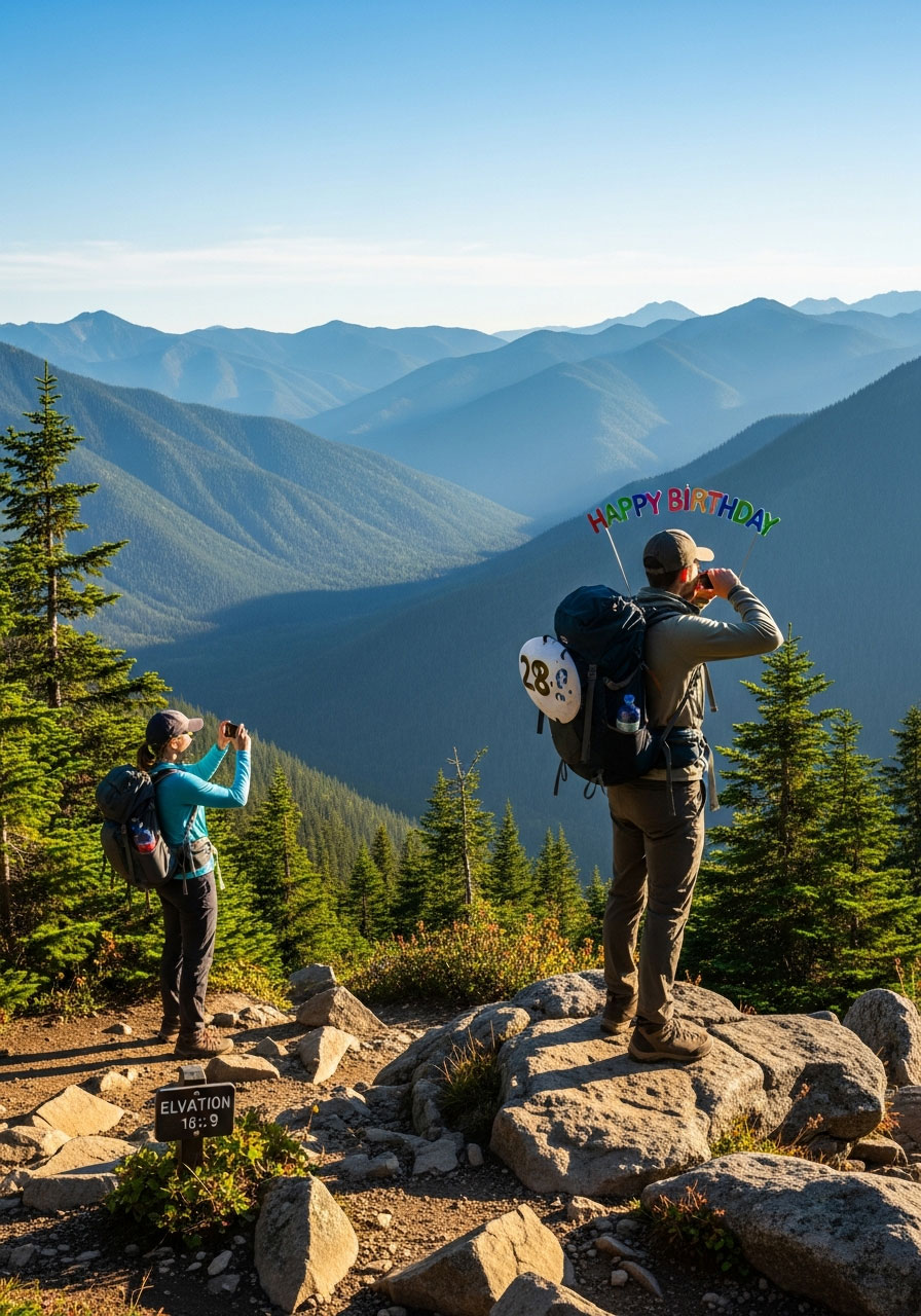 Birthday woman hiking and admiring mountain vista view from rocky trail with friend