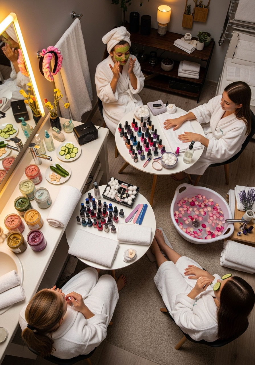 Home spa day birthday party with facial masks, manicure station, foot baths, and teens in robes relaxing together
