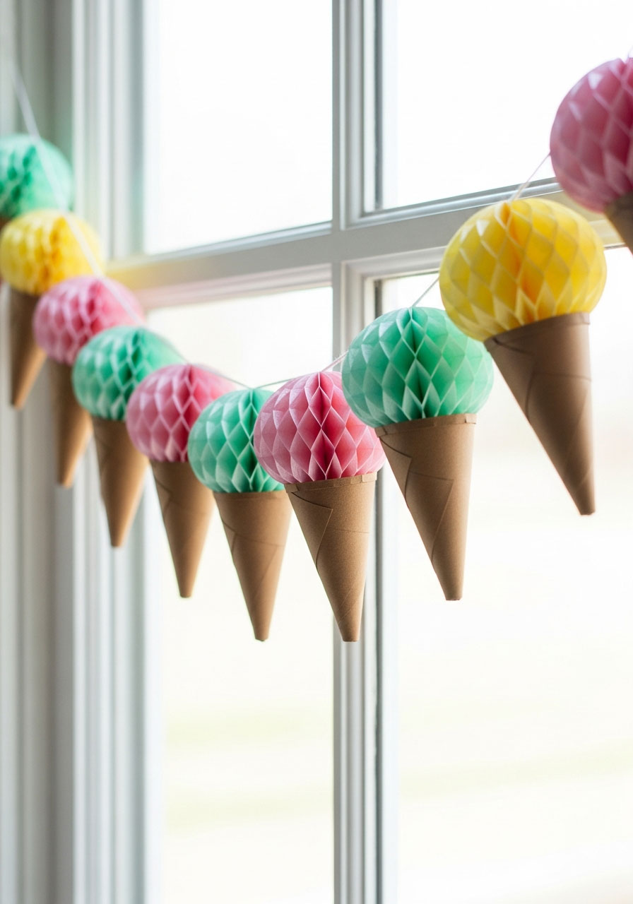 DIY mini ice cream cone garland with pastel honeycomb ball scoops hanging on string - cute summer birthday party decoration