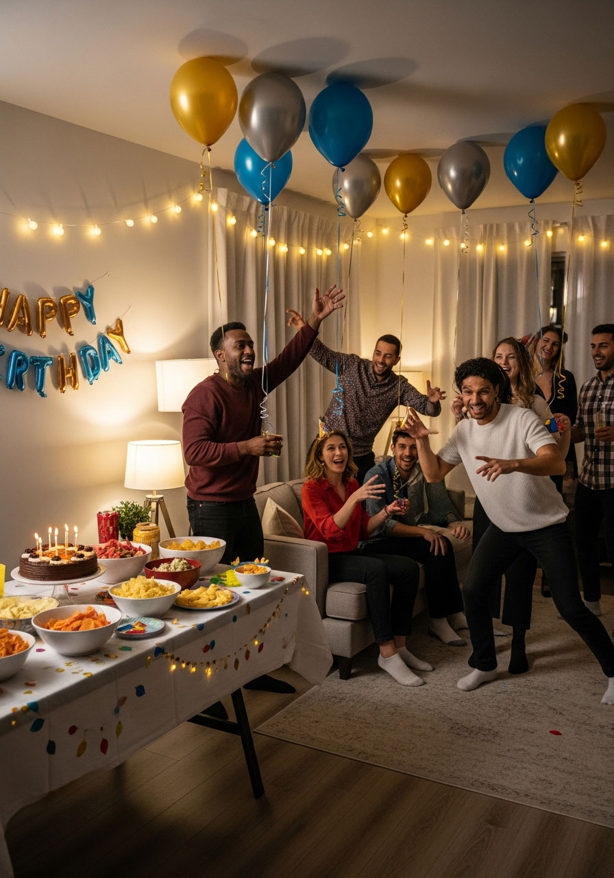 Friends playing charades and celebrating at home birthday party with decorations and snacks