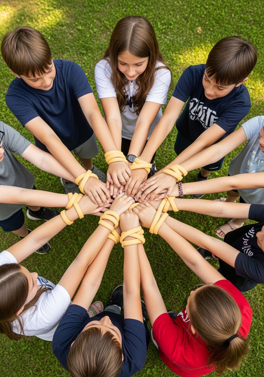 Overhead view of children in Human Knot team game with arms tangled together working to untangle at outdoor birthday party