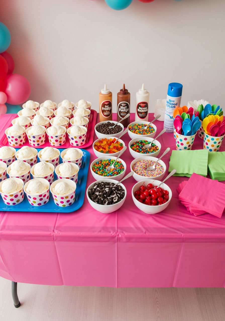 Complete ice cream bar display with pre-scooped cups, colorful topping bowls, sauces, and serving utensils for fourth birthday party