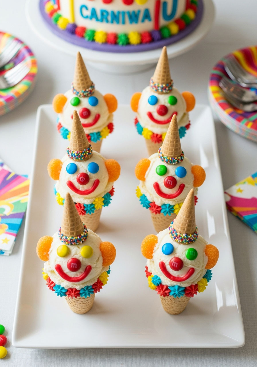 Individual ice cream clown cone desserts decorated with candy faces and frosting collars for carnival birthday party