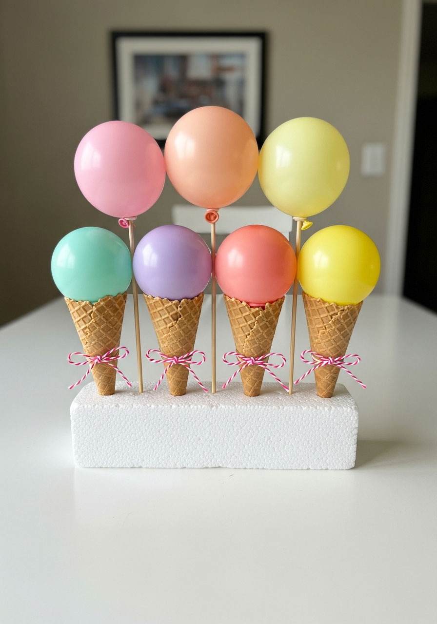 DIY mini ice cream cone balloon stick decorations in pastel colors - cute birthday party table centerpieces or party favors