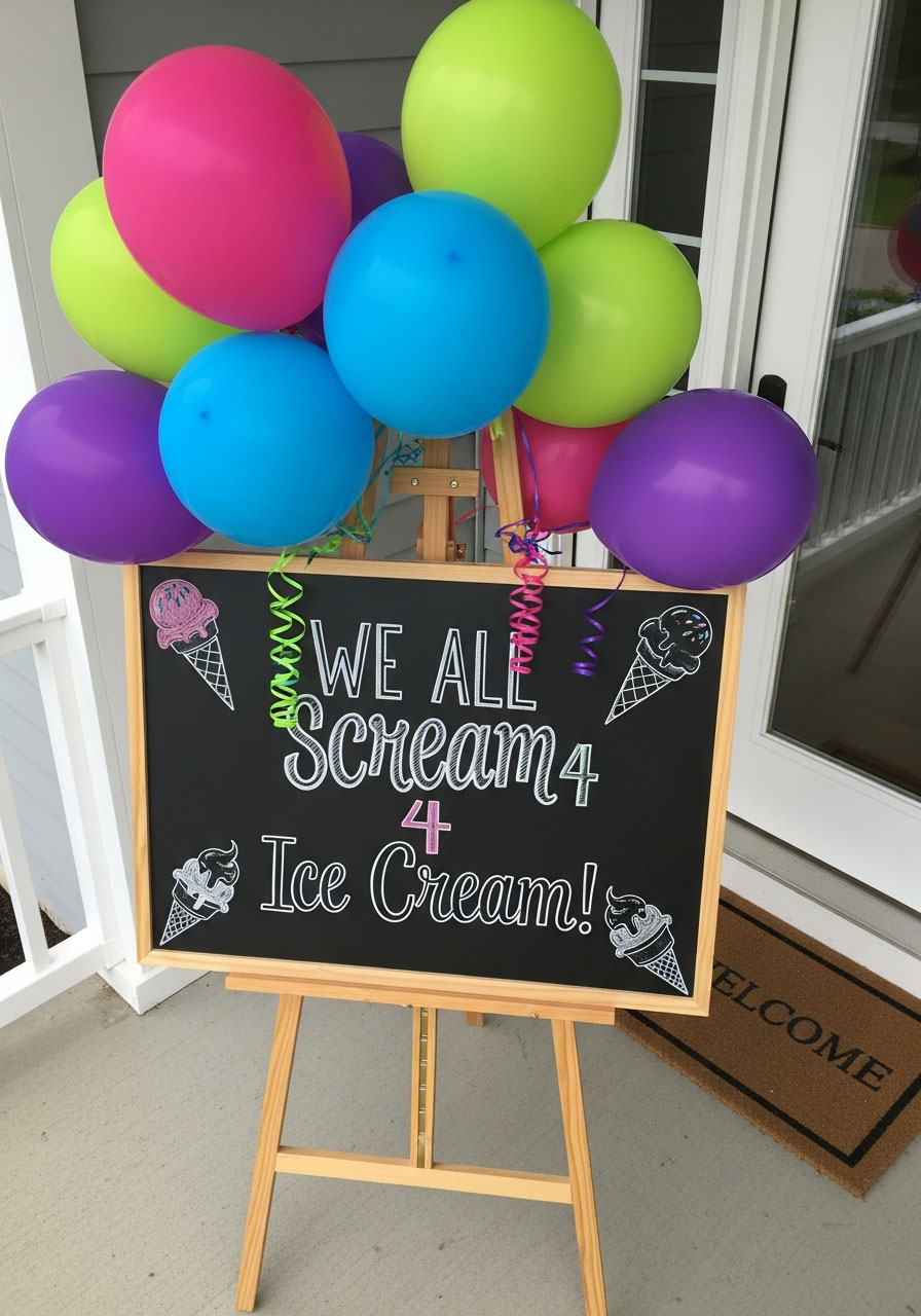 Colorful welcome sign with chalkboard displaying We All Scream 4 Ice Cream message and bright balloons at front door entrance for fourth birthday party