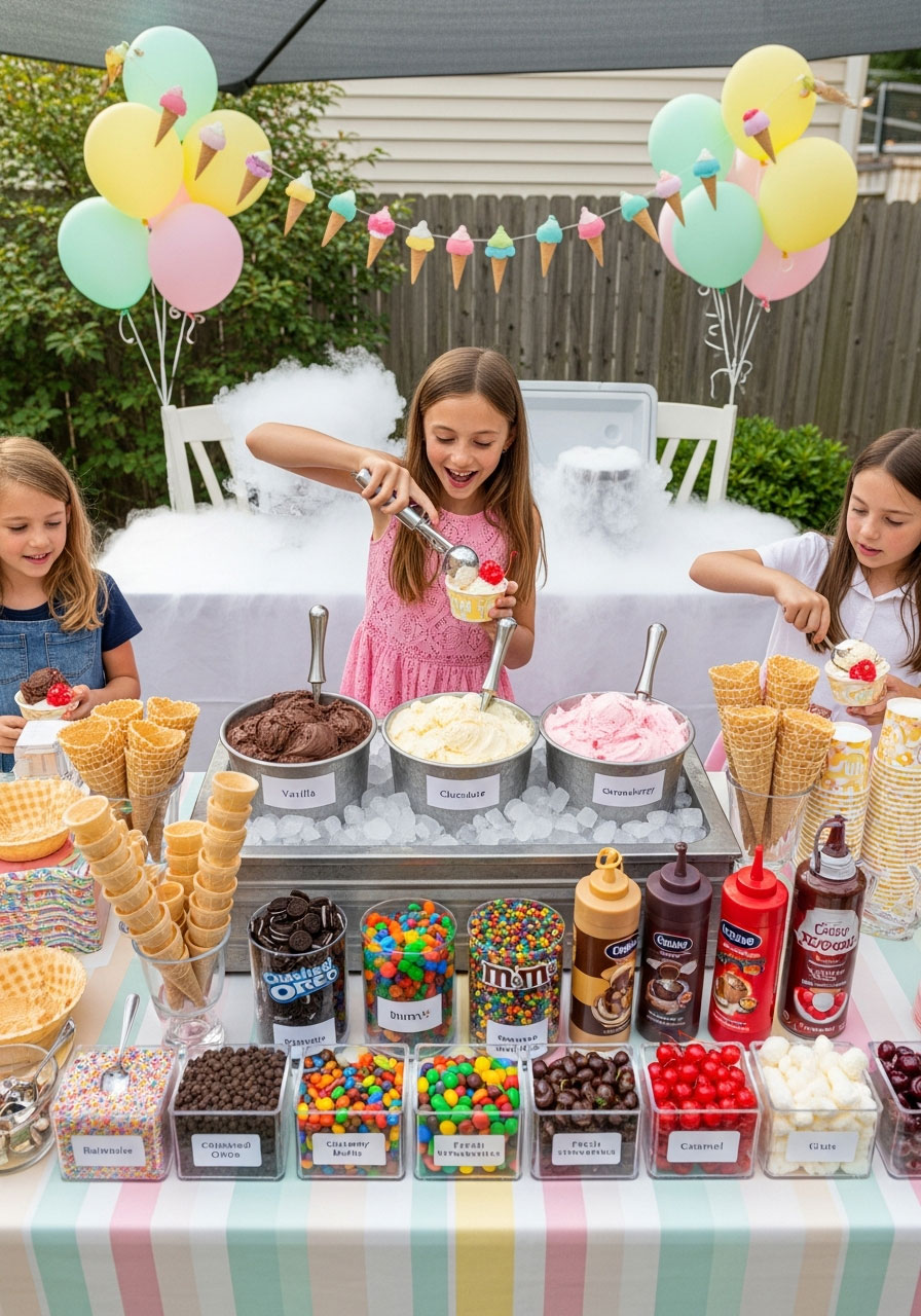Kids making custom ice cream sundaes at outdoor birthday party with elaborate topping bar and multiple flavors