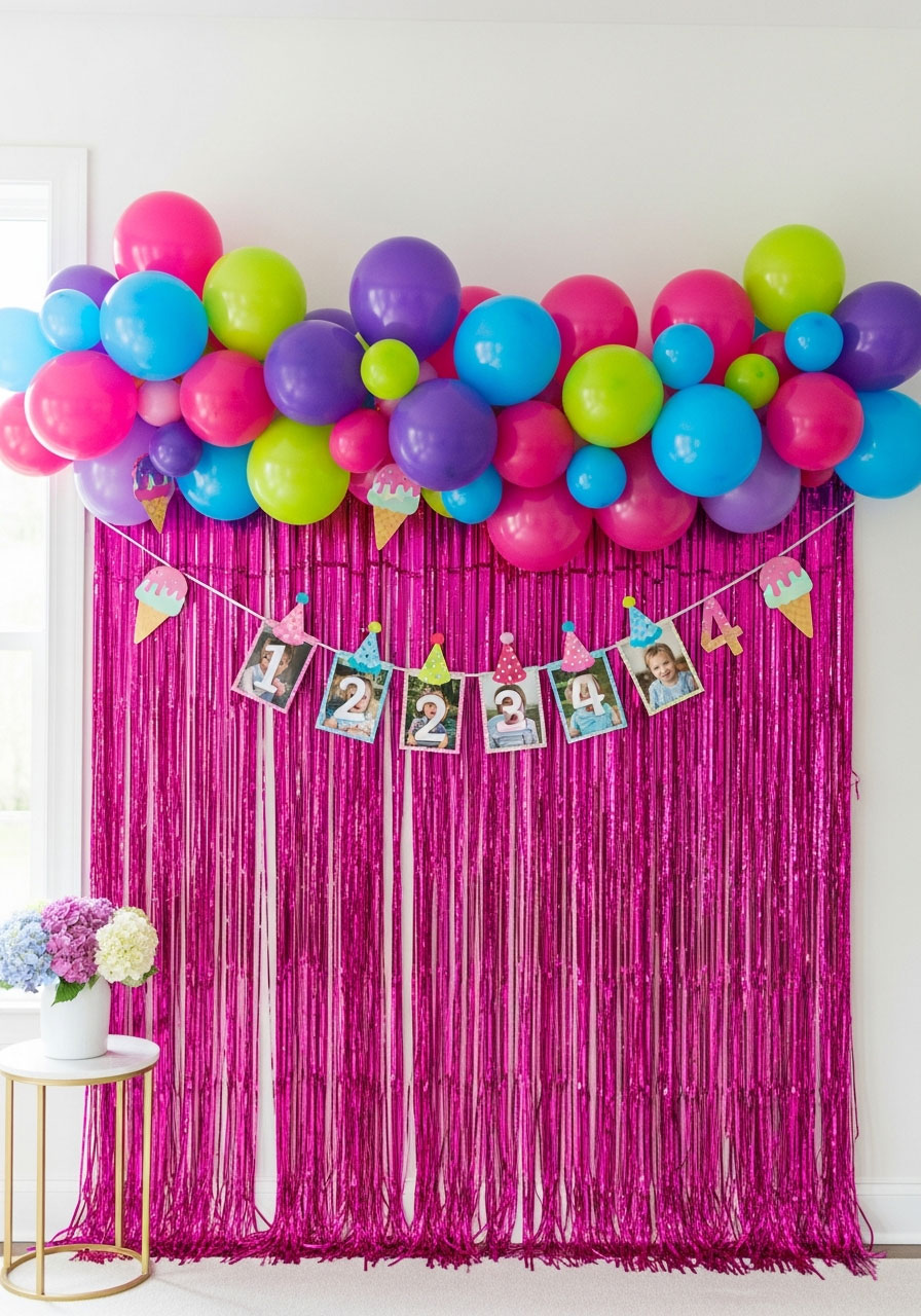Hot pink fringe backdrop with colorful DIY balloon garland and birthday photo banner for ice cream themed fourth birthday party decoration
