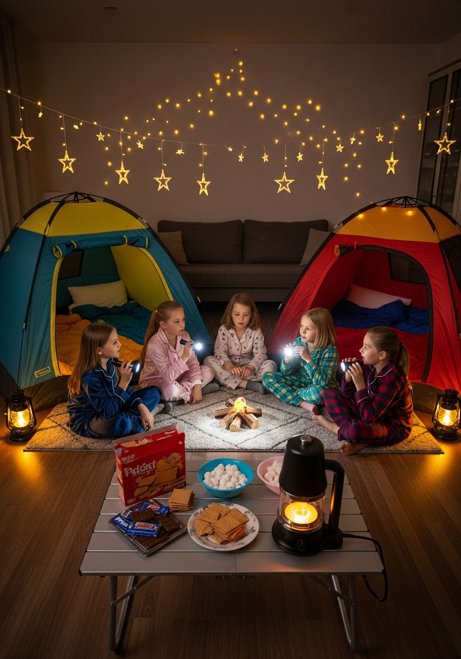 Indoor camping birthday party with pop-up tents, string lights, s'mores making station, and kids in sleeping bags