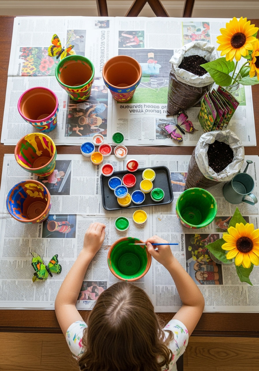 Child painting terracotta pot at indoor garden-themed birthday party with planting supplies ready
