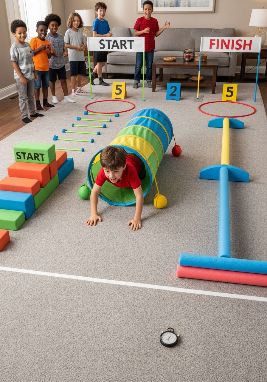 Child crawling through tunnel during exciting indoor obstacle course at action-packed birthday party