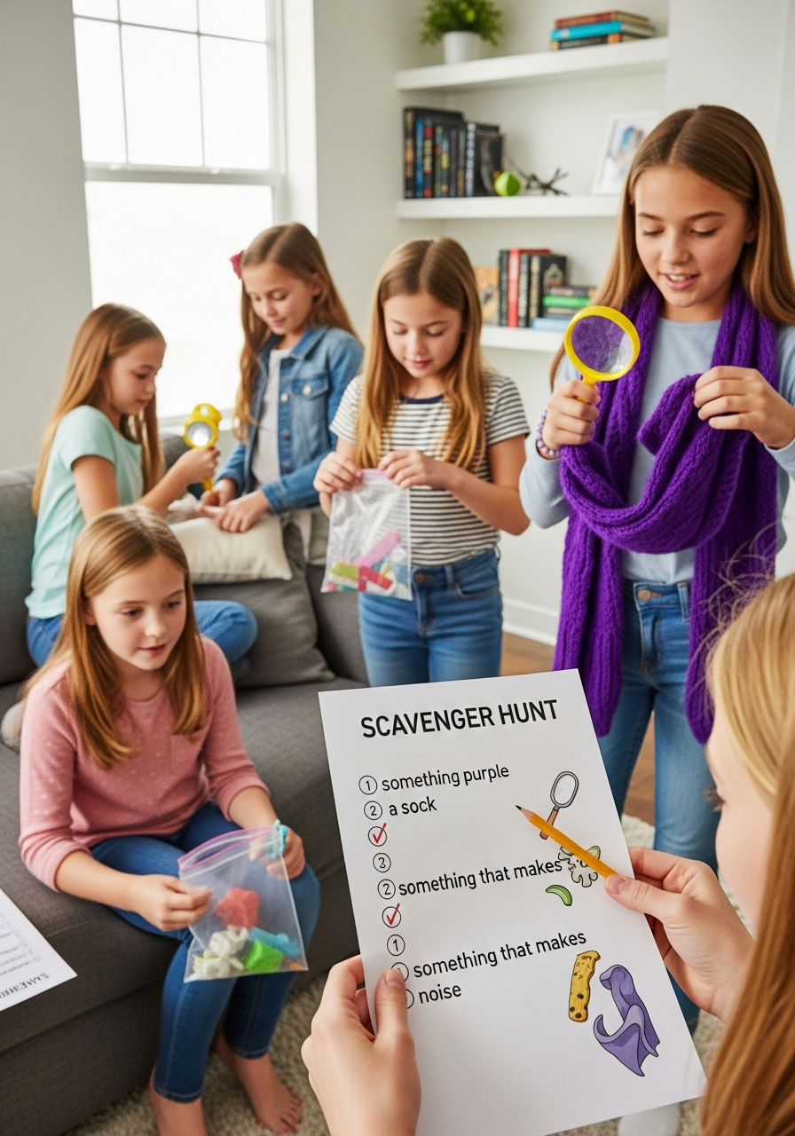 Girls teams searching for items during indoor scavenger hunt game at home birthday party