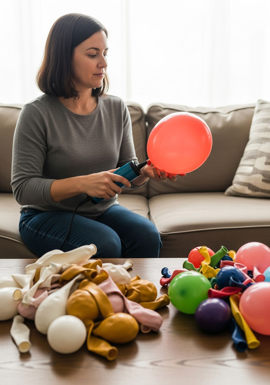 Using electric balloon pump to inflate latex balloons for DIY birthday balloon column at home