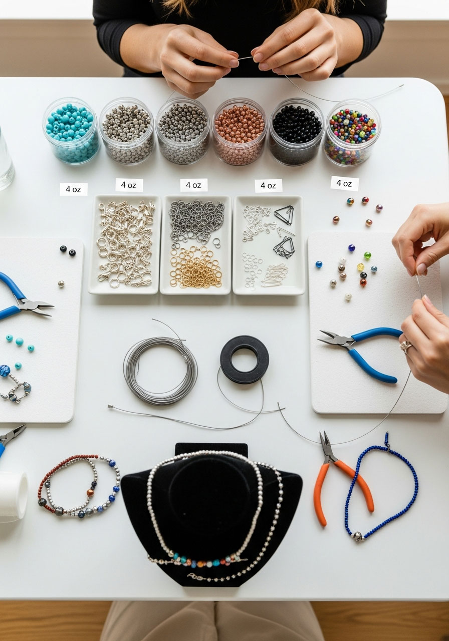 Jewelry making party craft station with organized beads in containers, jewelry findings, pliers, wire, and completed example pieces for creative birthday activity