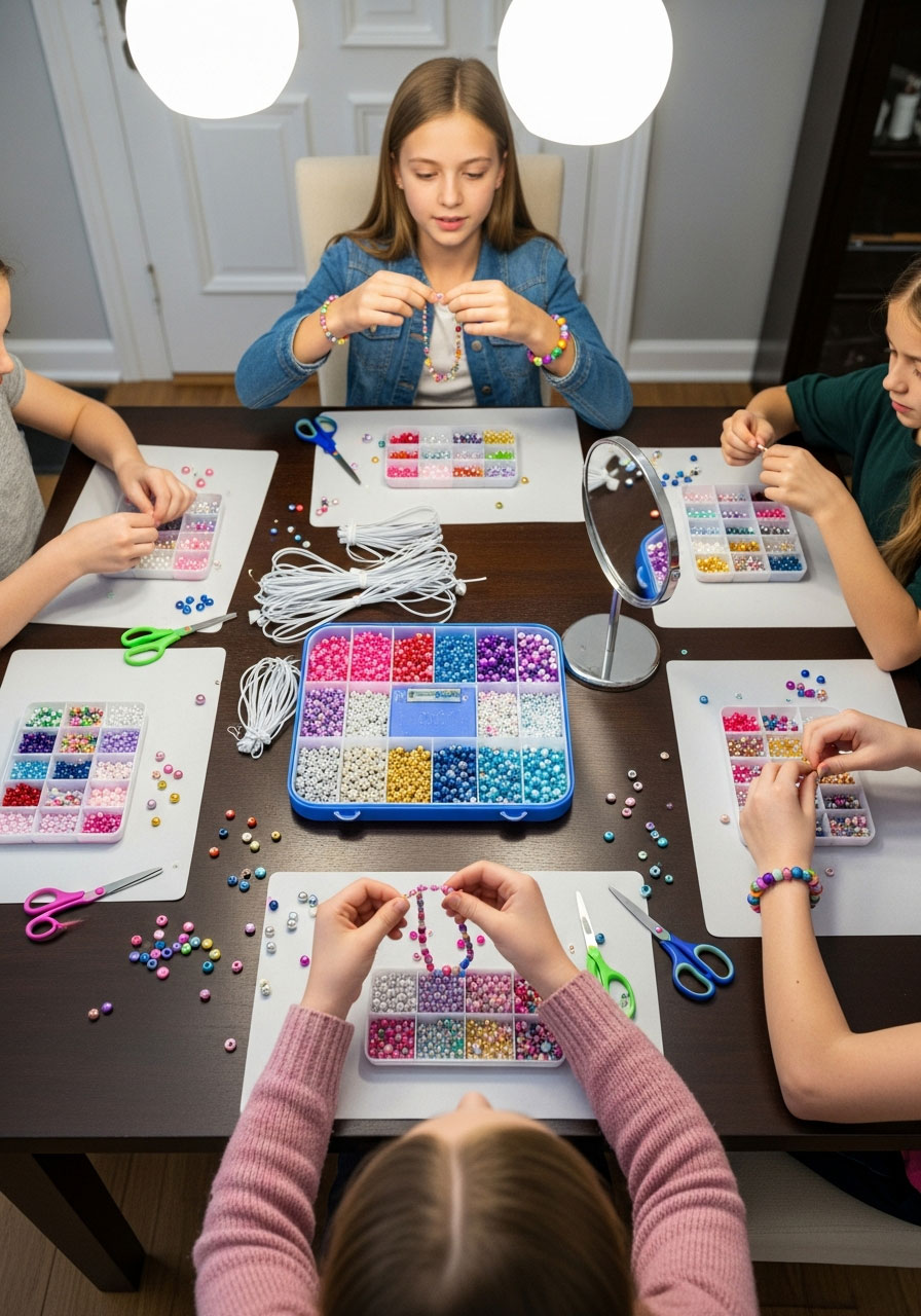 Girls making colorful bead bracelets and jewelry at birthday party craft workshop station