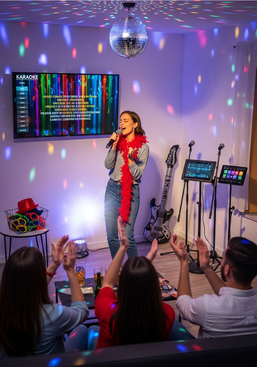 Karaoke birthday party with guest performing on stage using wireless microphone, TV displaying lyrics, props, and audience cheering