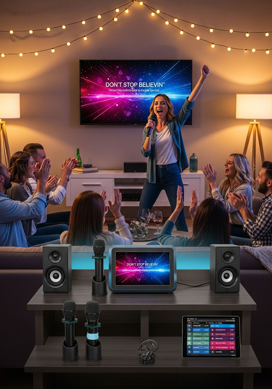 Karaoke night birthday party with TV lyrics display, microphones, speaker system, and guest performing for cheering audience