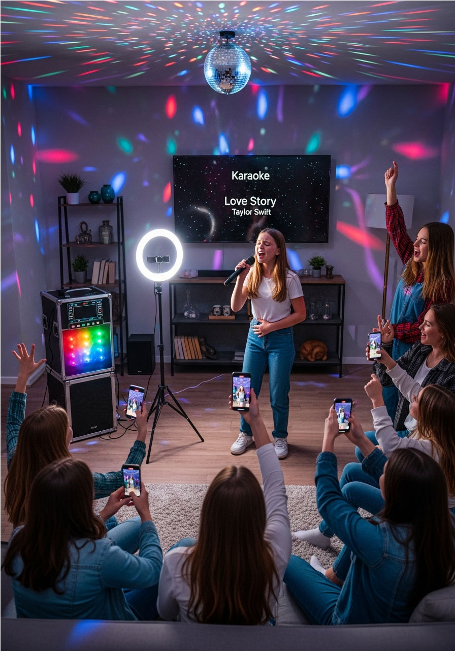 Teen singing karaoke on stage with microphone and ring light while friends record at Sweet 16 party