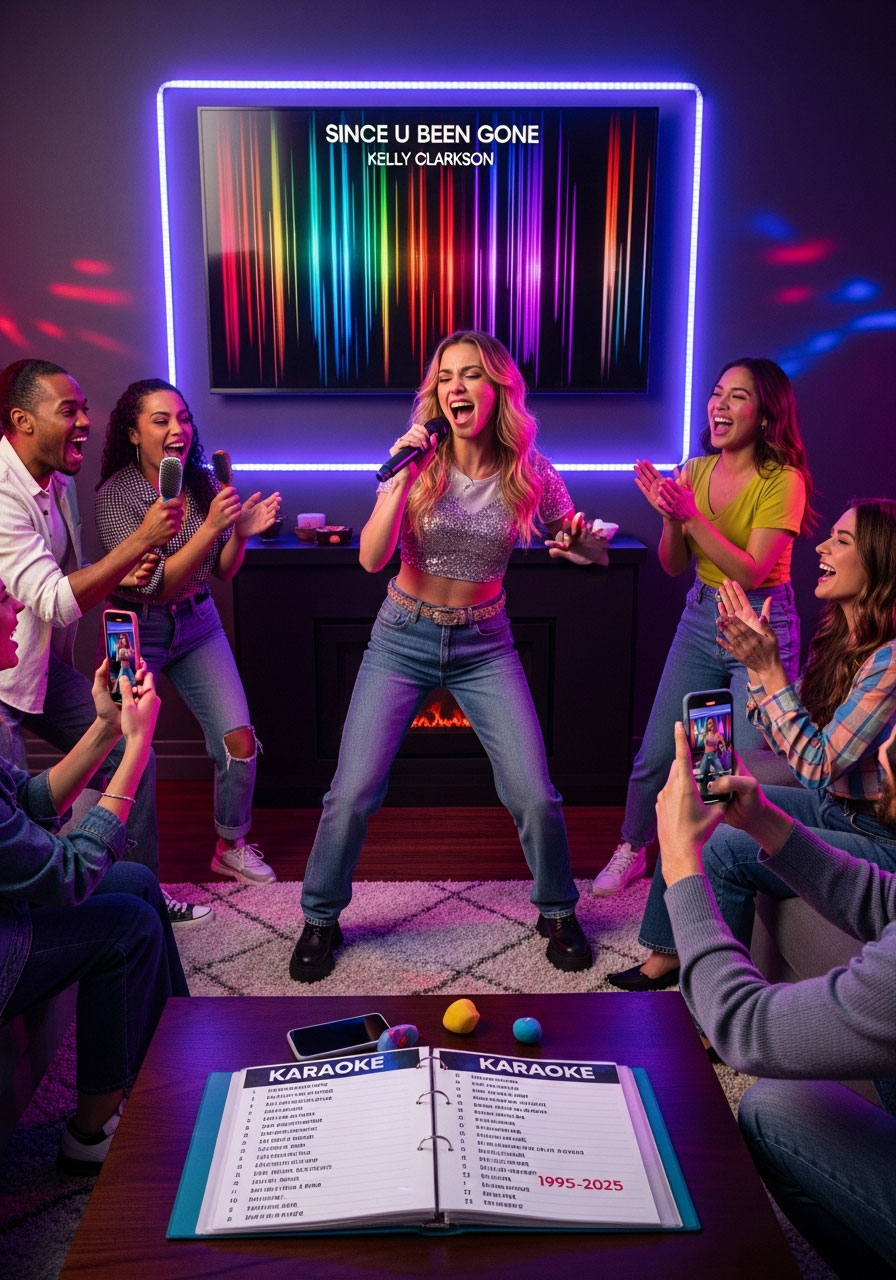Woman singing karaoke passionately with friends cheering at 30th birthday party game night