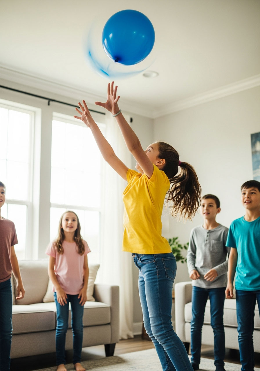 Children playing Keepy Uppy balloon game with girl jumping to keep blue balloon in air at Bluey party