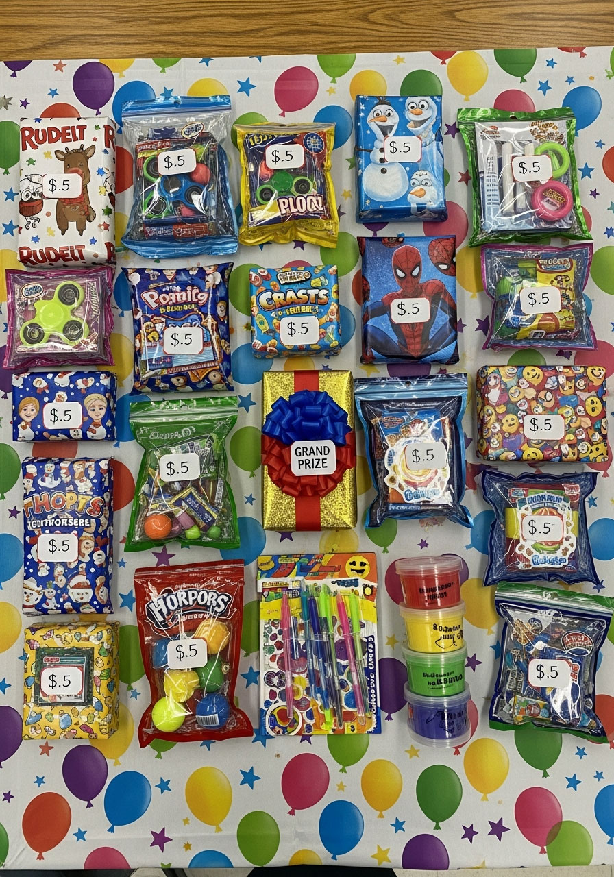 Variety of affordable kid-friendly wrapped Christmas gifts for classroom Left Right game including candy and small toys