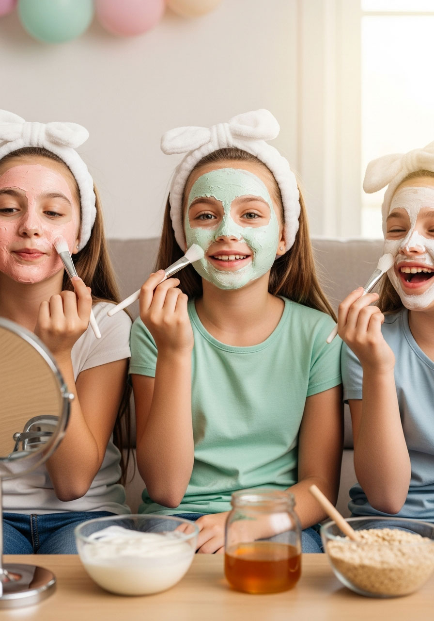 Three girls applying colorful DIY face masks with headbands at kids spa birthday party