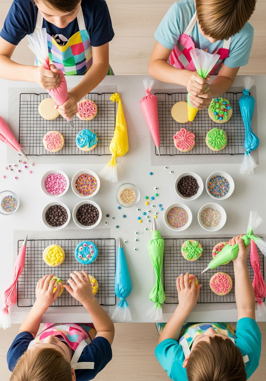 Overhead view of kids decorating cookies at indoor baking birthday party with colorful frosting and toppings