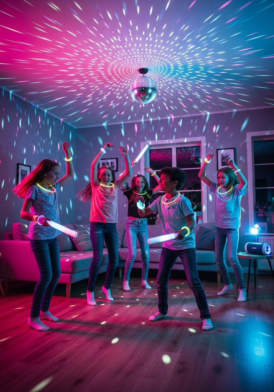 Kids dancing with glow sticks and LED lights at energetic indoor birthday dance party