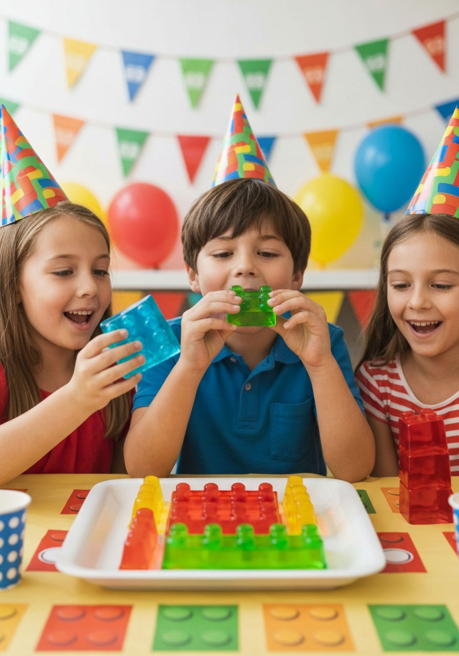 Excited children reaching for and eating colorful Jello Lego bricks at birthday party table