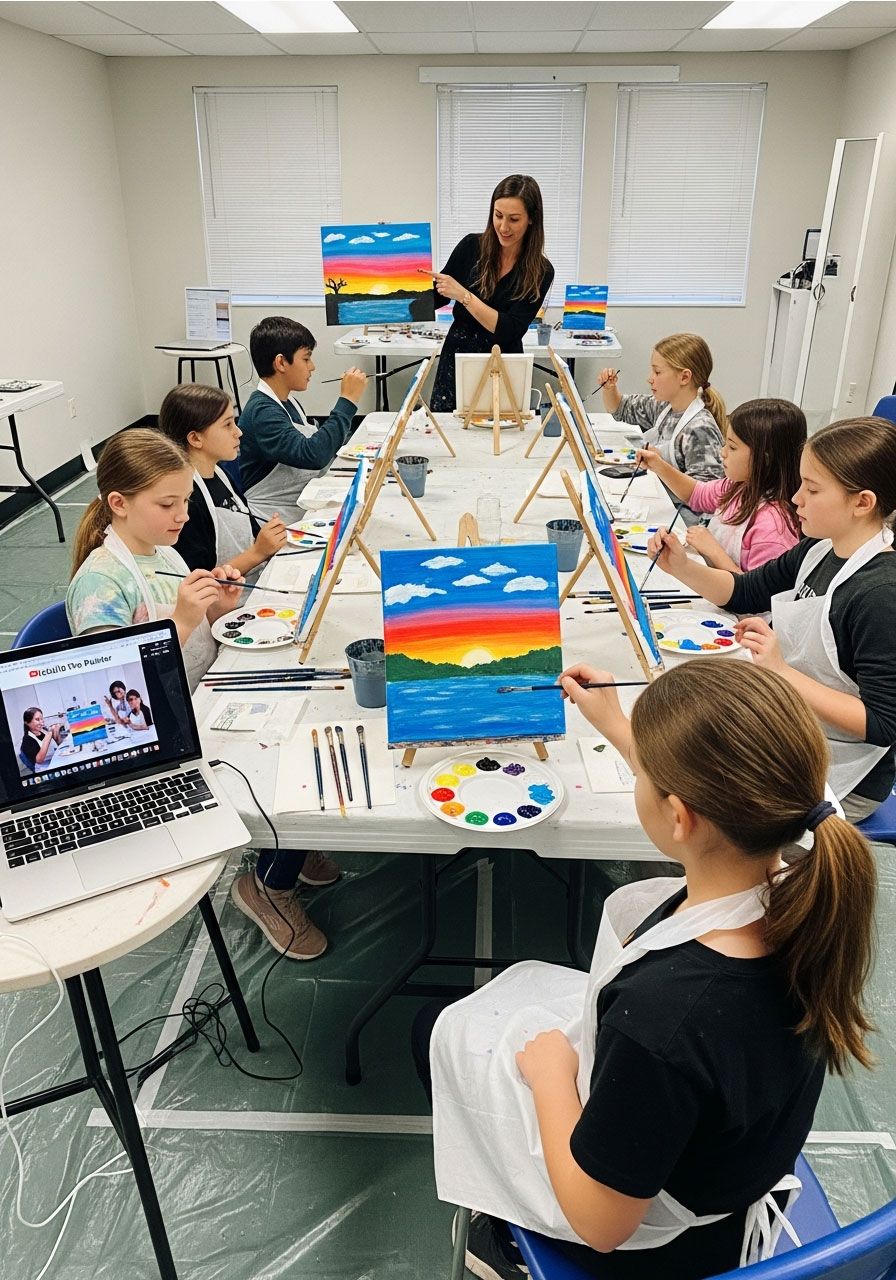 Children participating in guided painting tutorial at art birthday party with instructor demonstrating sunset landscape painting