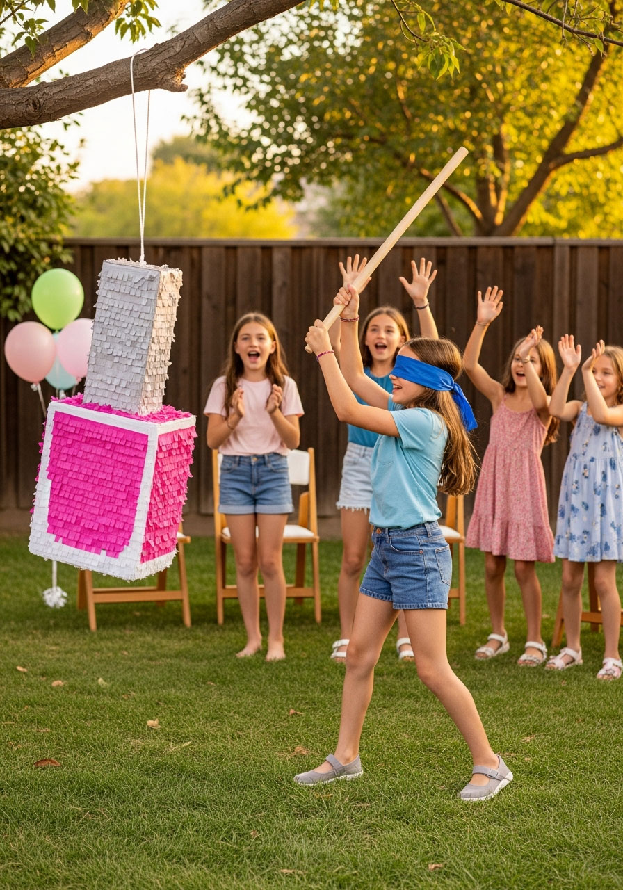 Girl with blindfold swinging at nail polish bottle piñata at outdoor spa birthday party