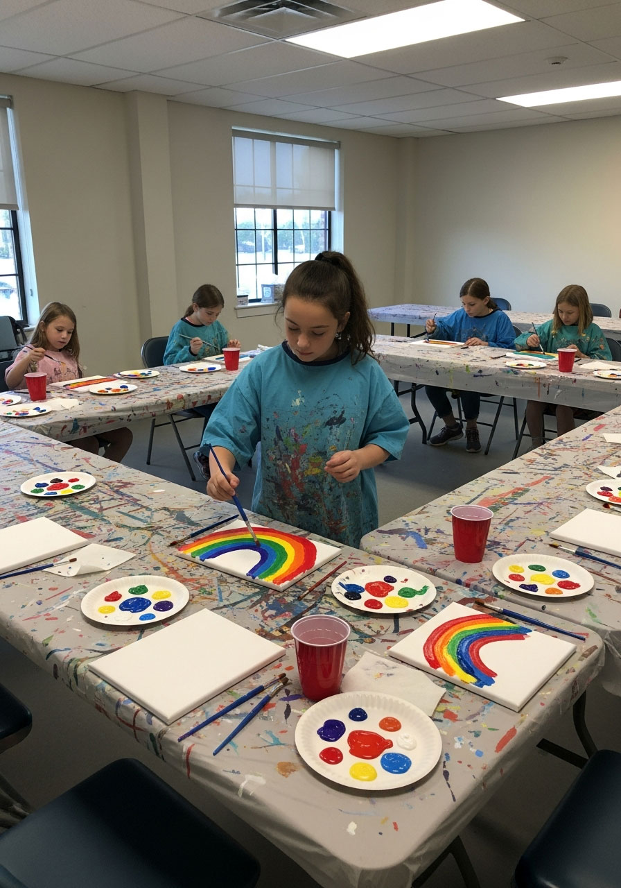 Children painting personalized canvas art party favors at organized painting stations with acrylic paints and brushes