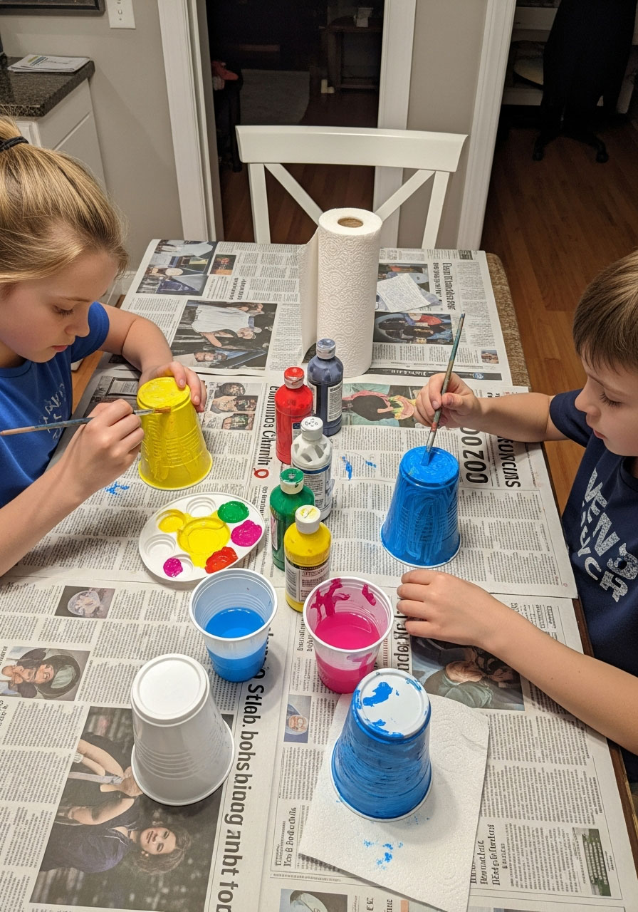 Children painting plastic cups in bright colors during DIY mini basketball game craft activity
