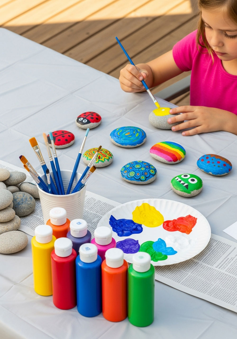 Children painting rocks at outdoor birthday party craft table with colorful acrylic paints and completed rock art examples