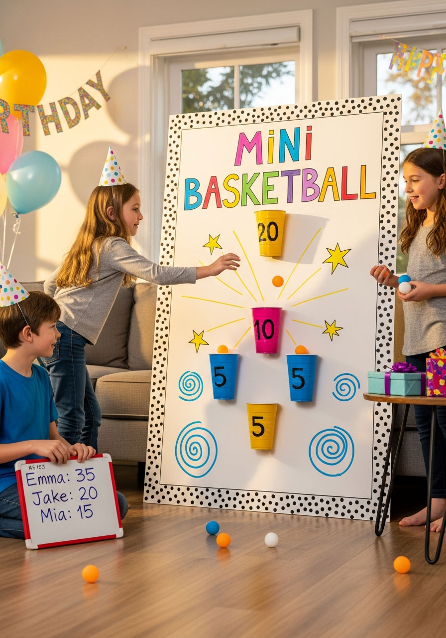 Group of children playing DIY mini basketball game tournament at birthday party with scorekeeping and prizes