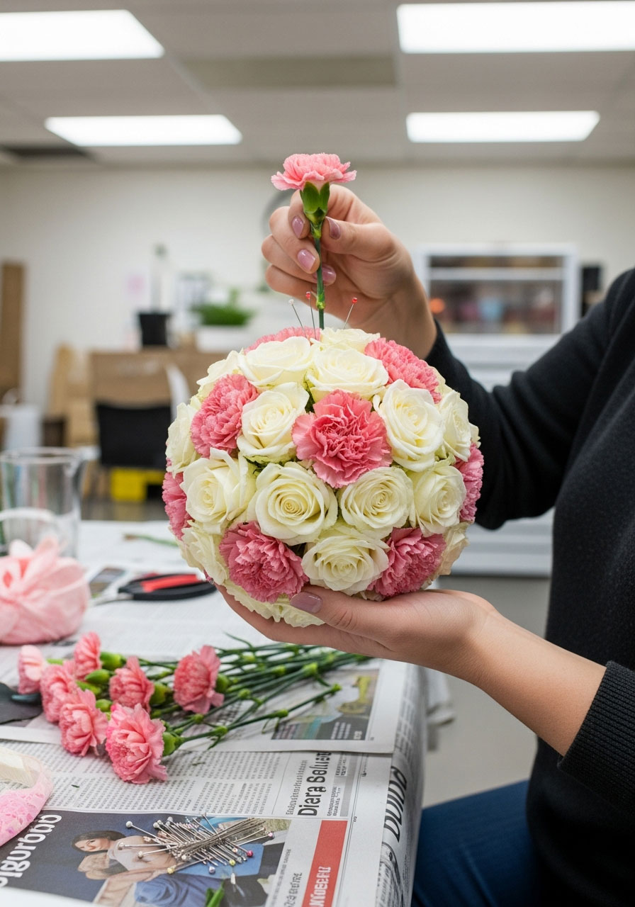 Creating DIY floral kissing ball with roses and carnations on foam sphere - elegant hanging birthday party decoration tutorial