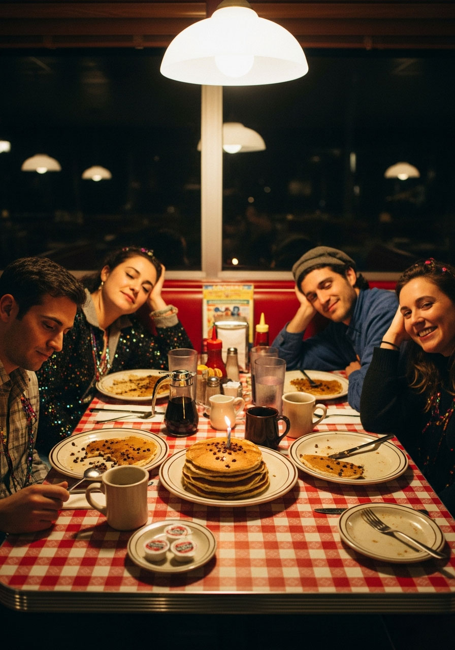 Group of friends sharing pancakes with birthday candle at late-night diner booth after 21st birthday party
