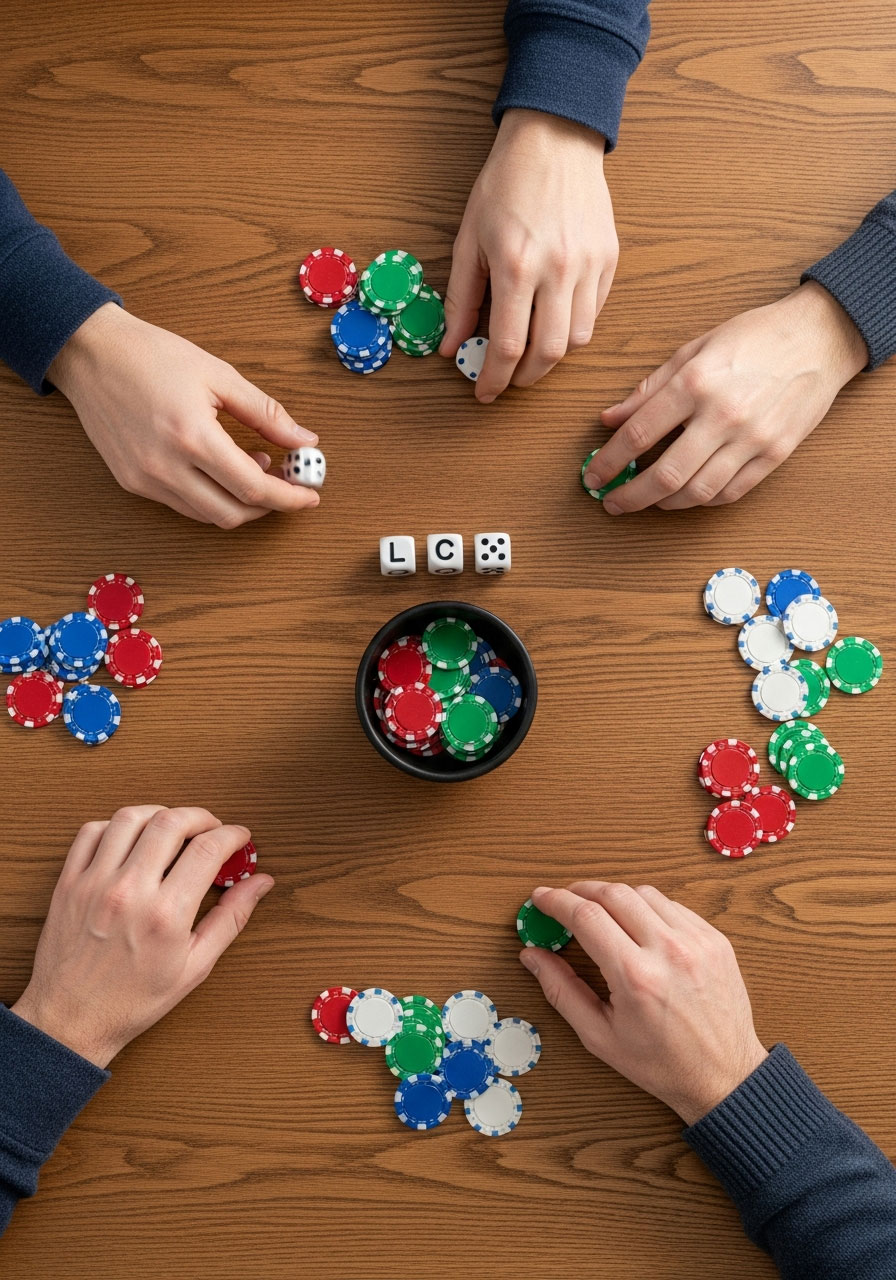 Close-up of LCR dice game showing specialty dice, chips and hands during birthday party gameplay with left-center-right actions