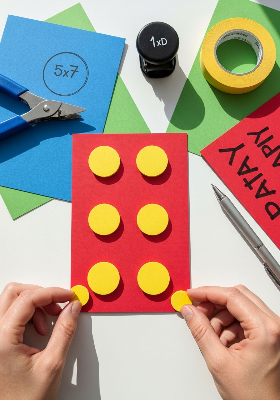 DIY 3D LEGO brick birthday party invitation made with colored card stock and foam dots arranged like LEGO studs