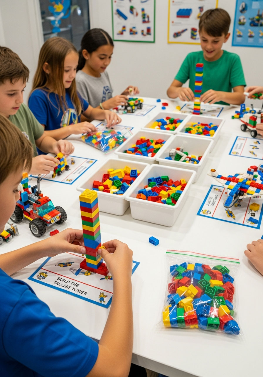 Children building LEGO creations at organized building stations with challenge cards as take-home party favors