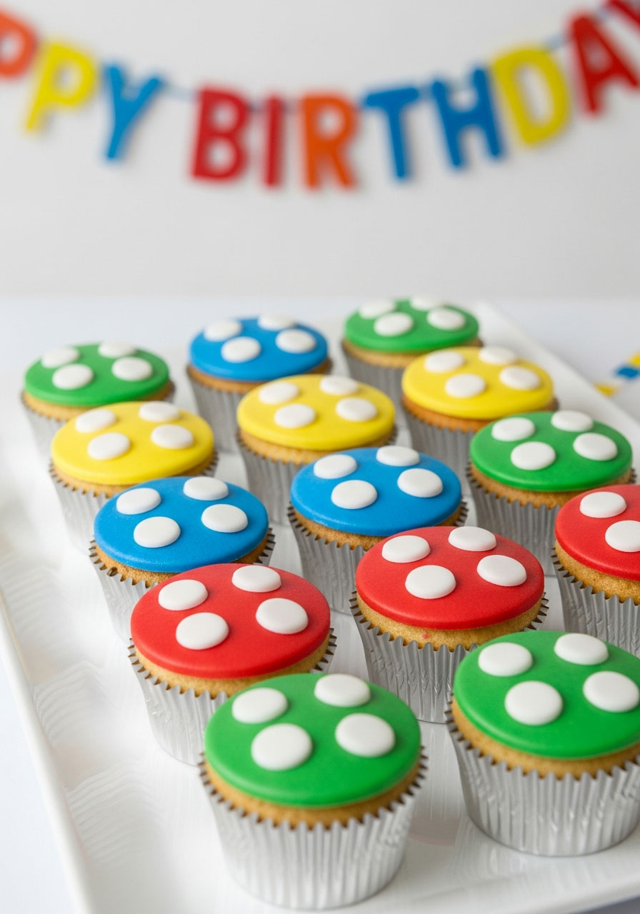 LEGO brick cupcakes with colored buttercream and fondant studs arranged on serving platter