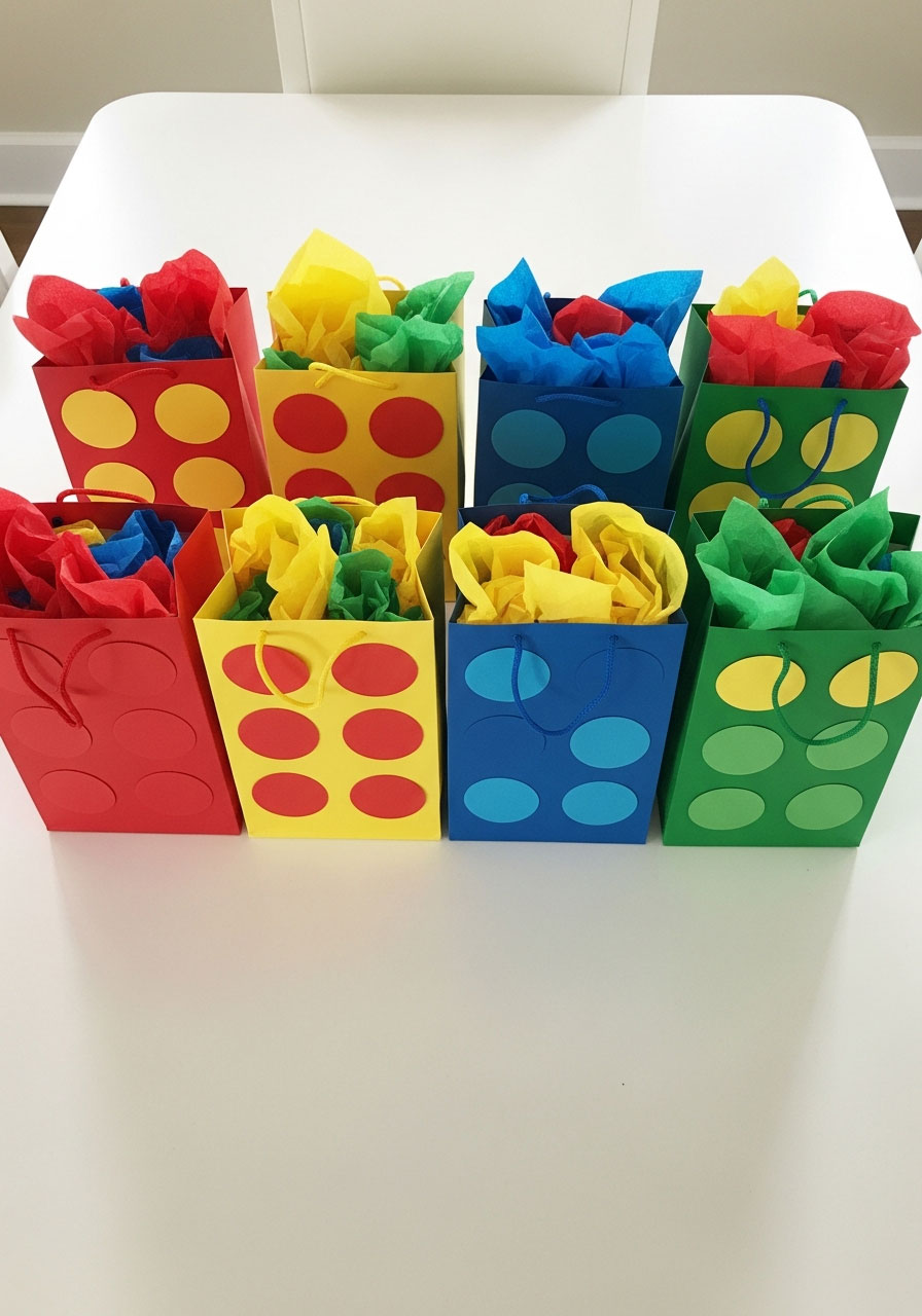 Colorful DIY LEGO brick goodie bags with paper circle studs arranged on party table