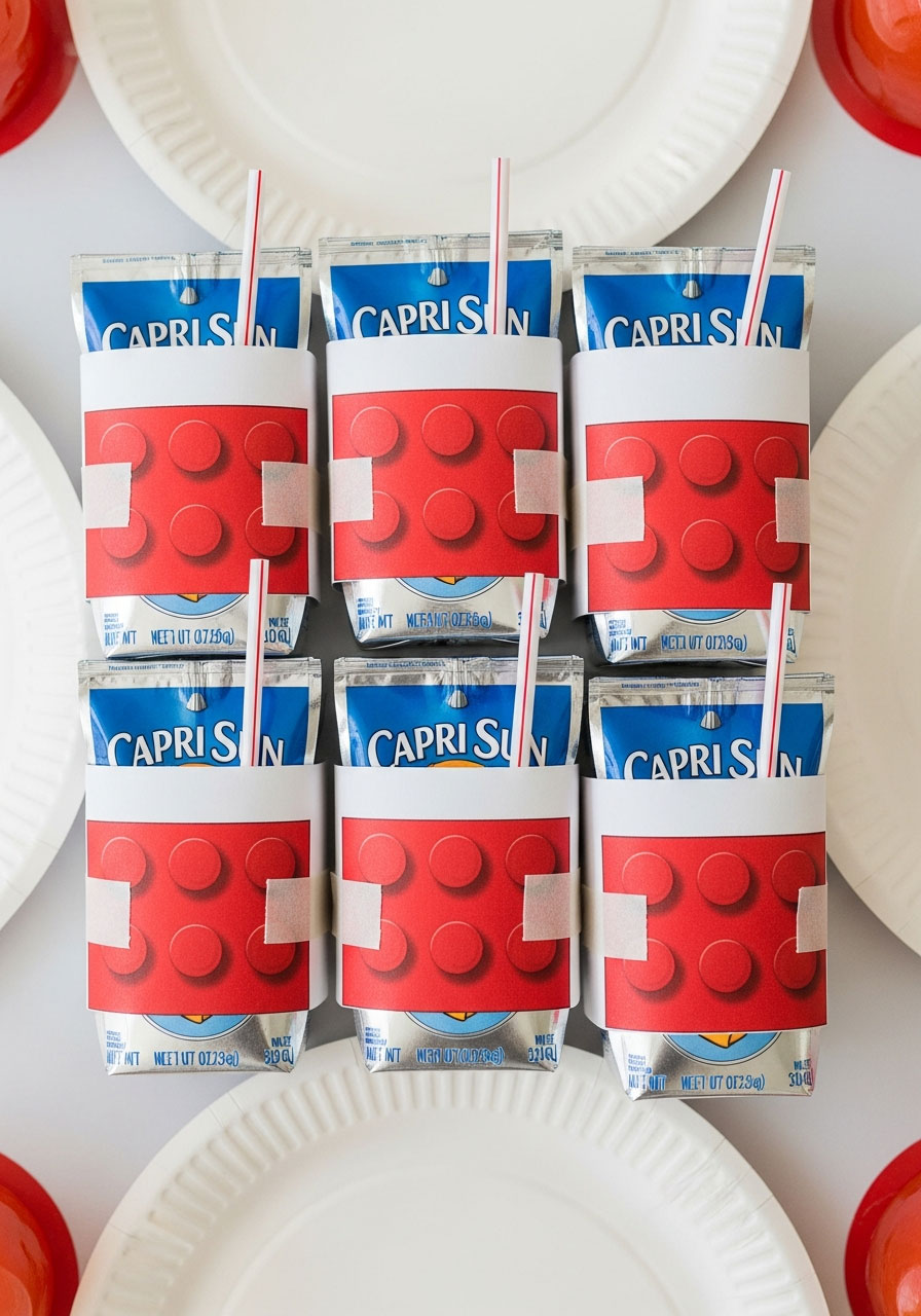 Juice boxes wrapped in LEGO brick printed paper sleeves on party table