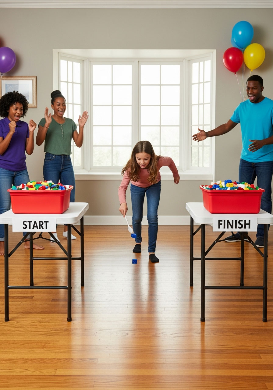 Kids playing LEGO brick relay race game with spoons moving pieces between containers indoors