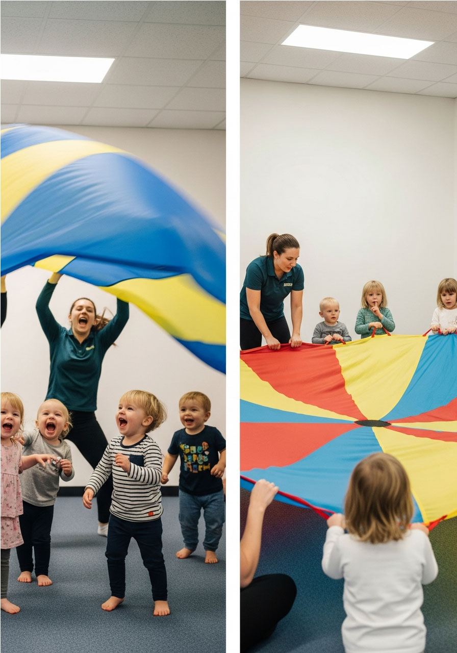 Comparison showing toddlers playing loud and quiet parachute game demonstrating volume control at birthday party