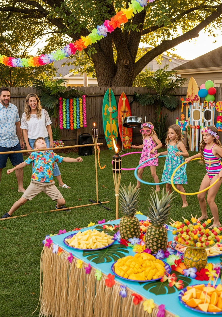 Kids doing limbo and hula hooping at tropical luau outdoor birthday party with tiki decorations and Hawaiian theme