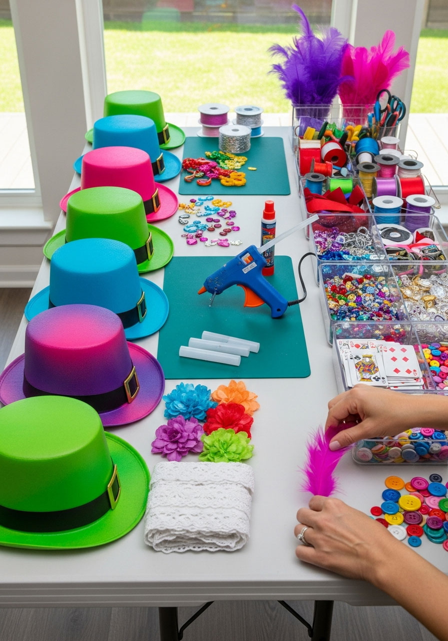 Mad Hatter hat decorating craft station with spray-painted hats and accessories for Alice in Wonderland party activity